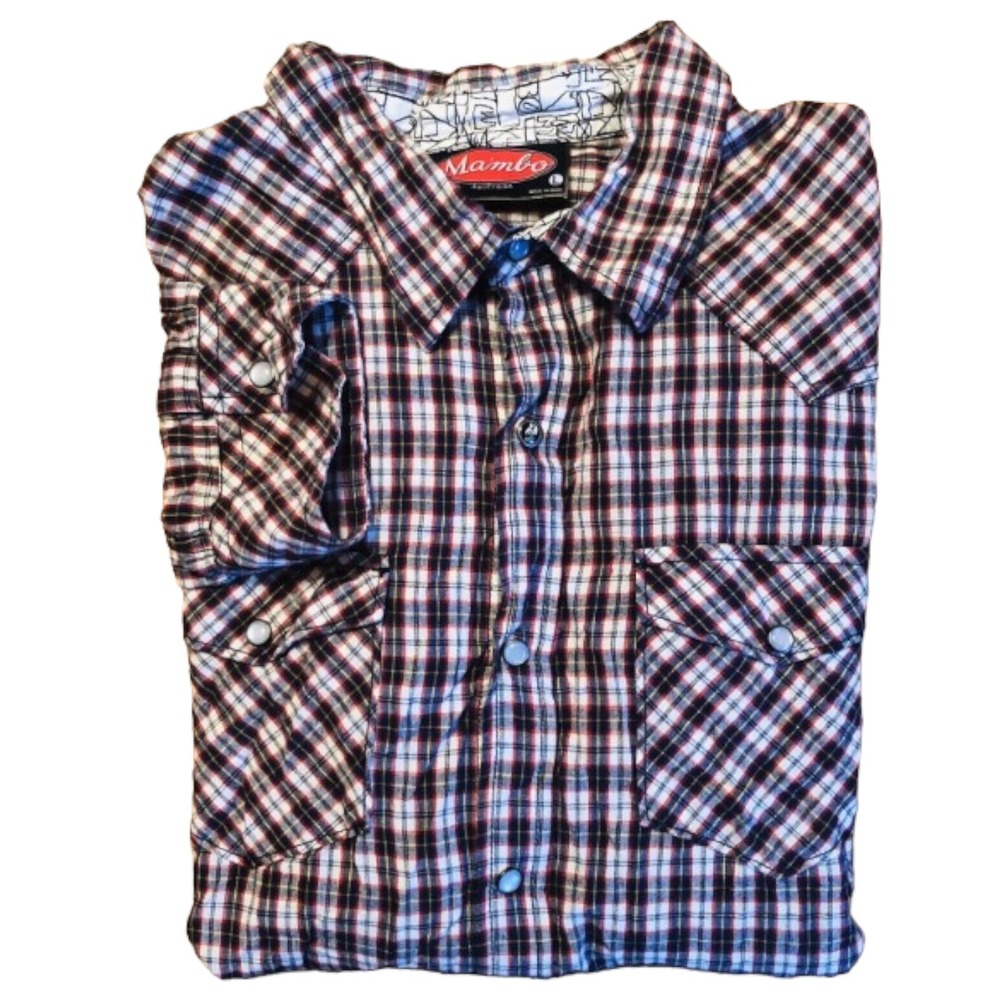 Mambo Red & Blue Plaid‎ L/S Pearl Snap Button Down Mens Size Large L